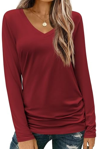 Zeagoo Long Sleeve Top for Women Basic Autumn Winter T Shirts Lightweight V Neck Top Classic Plain T-Shirt Wine Red M