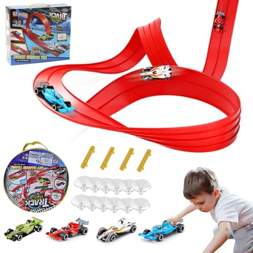 KBIBCK Circuit de vitesse pour enfants, 4 m, extensible, avec 12 ventouses et 4 voitures, cadeau d'anniversaire pour garçons et filles, rouge