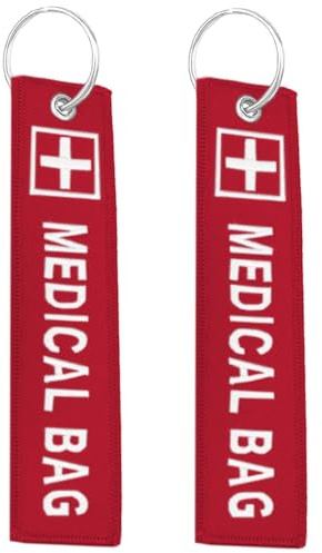 2PCS Medical Alert Bag Tags, Double-Sided Medical Luggage Tags, Medicals Equipment Luggage Tag, with 2PCS Keychains, 5.1 x 1.2 Inches/13X3CM Medical Bag Tag, for Luggage Purse Backpacks (Red)