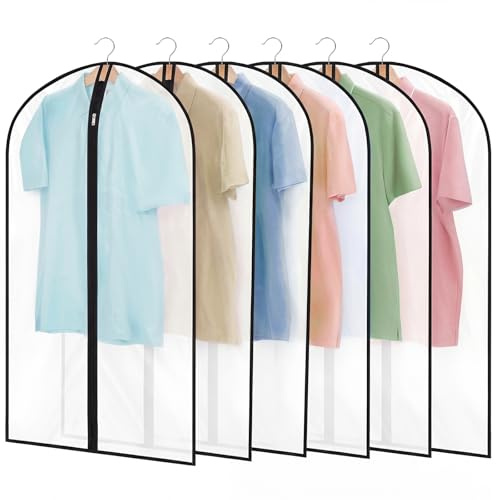 6 Pack Garment Bags, 40in PEVA Suit Bags Clothes Covers, Black Edge | Waterproof Dustproof Protection, Full Zip, Reusable, Translucent Design, For Dresses, Coats, Suits, Home or Travel