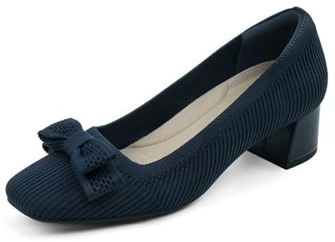 JENN ARDOR Low Chunky Heels Navy Dress Shoes for Women Comfort Knit Block Heeled Pumps Closed Square Toe Cute Bow Slip on Shoes for Wedding Party Prom Office Work Size 7