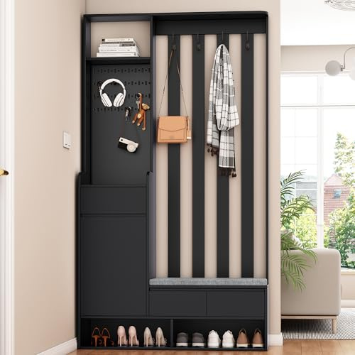 Ensemble de garde-robe de couloir noir - Penderie moderne avec banc, panneau perforé, 4 crochets - Garde-robe compacte multifonction 6 en 1 pour entrée - Armoire à chaussures de couloir 180 x 100 x 35