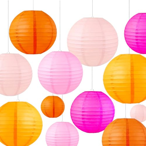 AimtoHome Vivid Color Paper Lanterns Set (12 Pcs) - 6/8/10 Inch Pink Orange Gradient Hanging Lanterns for Handmade, Party, Birthday,Bridal & Weeding,Baby Shower,Home Decor