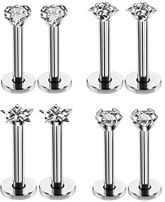 HQLA 16G Love/Star/Square/Round Shape Clear CZ Labret Monroe Lip Ring Tragus Nail Helix Earring Stud Piercing Jewelry Surgical Stainless Steel Bar 8mm CZ 3mm 4 Pairs