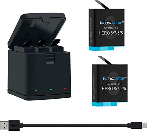 COOLSHOW 2-Pack 1220mAh Hero 8 Battery Bundle with Protection Case & 3-Channel Charger All in One Battery Storage Charging Dock Compatible with GoPro Hero 8/7/6/5/2018 Black(2 Batteries+1 Charger)