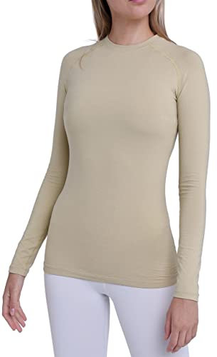 TCA Thermounterwäsche Damen Extra Warm - Thermo Unterwäsche für Sport - Thermoshirt Funktionsshirt Langarm - Kompressions Laufoberteil - Beige, L