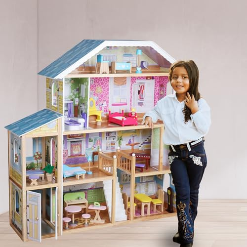 Maison de poupée en bois Mansion Villa XXL | Ensemble de meubles 28pcs | 4 Étages | 98x32x123cm