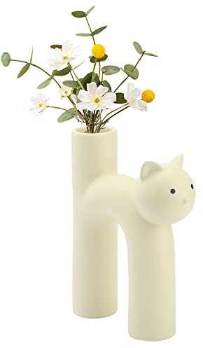 BestAlice Süße Katze Keramik Vase, Handgemachte Blumenvase für Dekor, Einzigartige Röhre Form Vasen U Getrocknete Blume, Kunst Handwerk Mittelstück (Weiß)