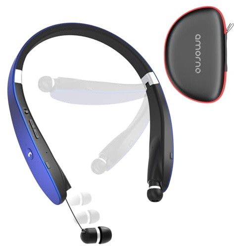 AMORNO Foldable Bluetooth Headphones Wireless Neckband Headset with Retractable Earbuds, Sports Sweatproof Noise Cancelling Stereo Earphones with Mic (Blue)