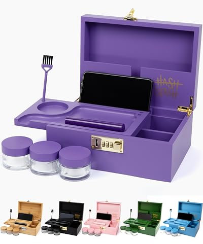 The OG Stash Storage Box - Large Bamboo with Combination Lock, Magnetic Lid, Organizer Tray, 3 Smell-Proof Jars and Brush - Portable Decorative Wooden Lock Box Kit with Accessories (Purple/Gold)