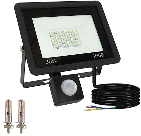 Caldarax Faretto LED da Esterno con Sensore di Movimento 30W, 3000LM 6000K Bianco Freddo Faretti LED con Sensore di Movimento, IP66 Impermeabile Faro LED Esterno per Garage, Giardino