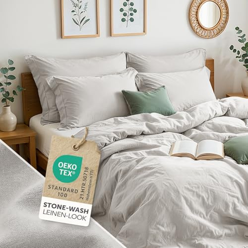 Blumtal Biancheria da Letto Stone Washed 2x135x200cm Lino e Cotone 2x80x80cm Alternativa Mussola Set Copripiumino 2x135x200 2x80x80 – Taupe