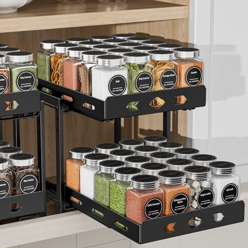ZDDLOINP Spice Organizer - 2 Tier Pull Out Rack, Adjustable Height, Heavy Duty Sliding Rack Fits Spices, Sauces, Canned Food, W9.6*L10.8*H9.2 Inch