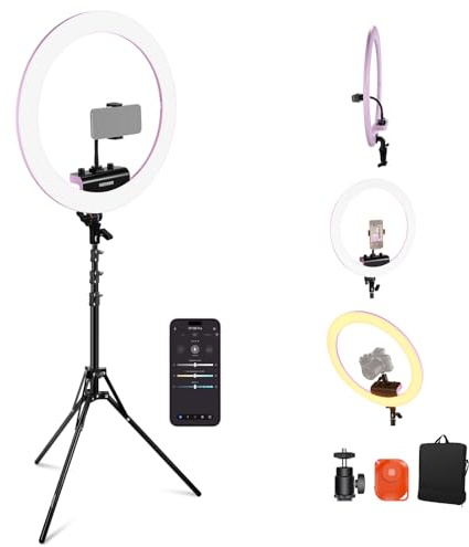 NEEWER Professional Ring Light with Stand and Phone Holder, 18 inch Ultra Thin, 45W 2900K-7000K TLCI98, Remote Shutter & App Control, Softer Lighting for Makeup Live Stream TikTok, RP18B Pro Pink