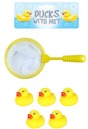 Henbrandt Mini Ducks with Net Bath Time Pack of 2 x 6-Piece Game Set with 5 Ducks + 1 Net Kids Yellow Rubber Duck Toys Summer Fun Paddling Pool Games Bathtub Play for Boys and Girls
