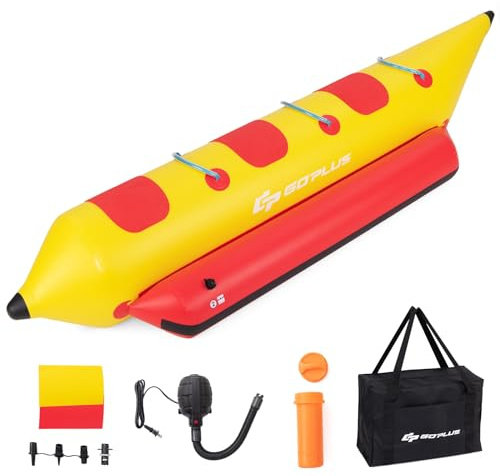 Goplus Inflatable Towable Tubes for Boating, 1-3 Rider Hot Dog Tube w/Electric Air Pump, Carrying Bag, Water Recreation Sports Banana Boat for Towing Rider