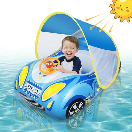 GOHHME Salvagente Neonato Forma a forma di auto Tetto parasole Protegge dai raggi del sole Sedile sicuro e comodo Tromba giocattolo Regali d'acqua estivi Piscina Bambino 6-36 mesi