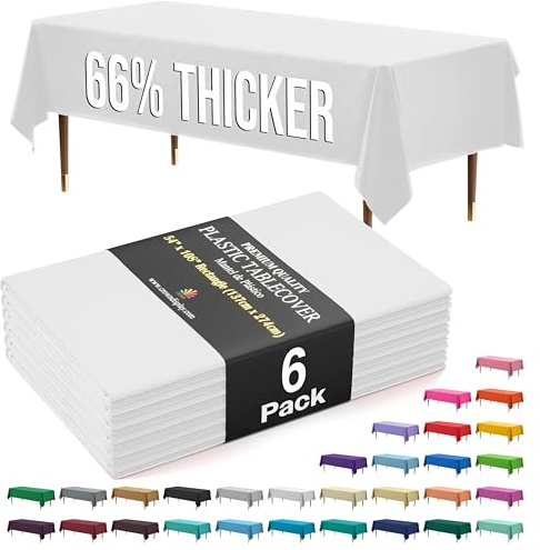 Exquisite Party Solids 66% Thicker Premium Plastic Table Cloth Rectangle Table Cover 0.5 Mil 6 Pack White Table Cloth 54 Inch x 108 Inch Tablecloth Won't Tear Easily Like Cheap Thin Brands