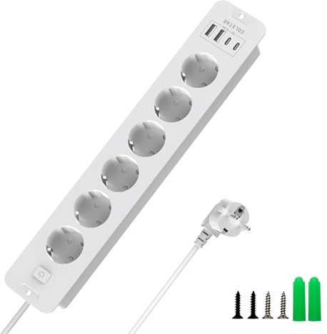 Sänkbar grenuttag 6-vägs med 4 USB (2 USB-C, 2 USB-A), 16 A, 2 m kabel, energibesparande brytare – osynligt inbyggt uttag för rent skrivbord