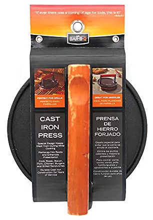 Mr. Bar-B-Q Cast Iron Grill Press (7-Inch) – Pre-Seasoned Smash Burger Press w/Wooden Handle & Ridged Base for Even Cooking – Hamburger Smasher Tool - Ideal for Indoor & Outdoor BBQ Grilling - 06681Y