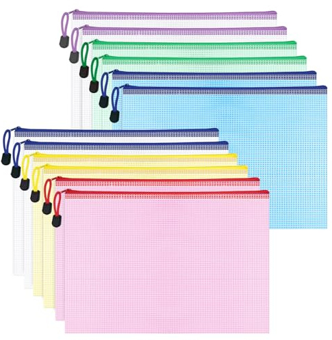 WISYOK A4 Plastic Wallets Zip, 12pcs, 33×23cm, 6 Colours, Colourful | Zip Lock Bags Mesh, Zipper File Bags, Document Wallets, Plastic Folders for Office, School, Travel, Home