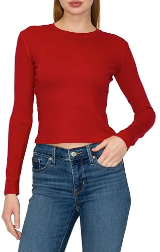 ELDI Women's Long Sleeve Crewneck Shirt - Fitted Casual Basic Top (Red Cherry, Medium)