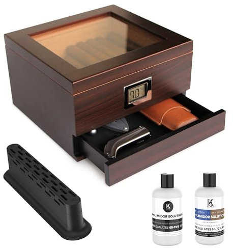 Case Elegance Handgefertigter Humidor aus Zedernholz mit digitalem Hygrometer vorne, Luftbefeuchterlösung und Zubehörschublade für 25-50 Zigaretten