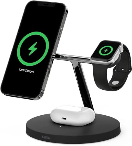 Belkin BoostCharge PRO 3-in-1 Wireless Charger with MagSafe for iPhone 14, iPhone 13, iPhone 12 + Apple Watch + AirPods (Magnetically Charges iPhone Models up to 15W)