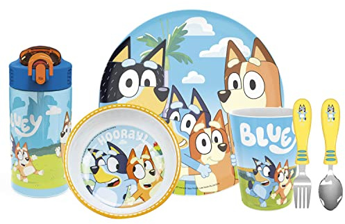 Zak Designs Bluey Kids Dinnerware Gift Set Includes Plate, Bowl, Tumbler, Water Bottle, and Utensil Tableware, Made of Durable Material and Perfect for Kids (6 Piece Gift Set, BPA-Free)