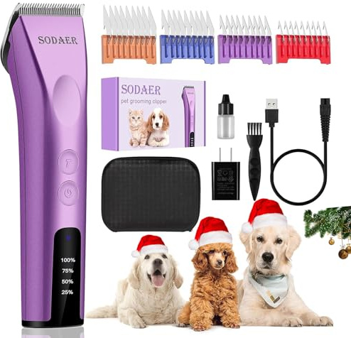 Professional Animal Pet Dog Cat and Horse Cordless Hair Clipper Grooming Kit with 5 in 1 Blade Low Noise & High Power Rechargeable Cordless Pet Grooming Clipper for Thick Heavy Coats -Purple