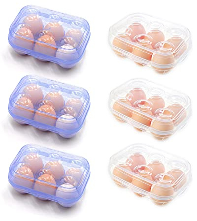 YOHA Clear Egg Storage Box - 6 Grids Dispenser Holder Case for Refrigerator, Camping, Picnic, Travel - Portable Carriage, Blue+Clear 6pcs Set