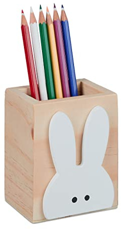 Relaxdays Stiftehalter Hase, Holz, HxBxT: 10 x 8 x 6 cm, Kinder Stiftebecher für Schreibtisch, Pinselhalter, Natur/weiß