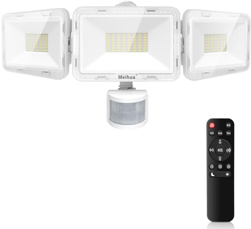 MEIHUA 70W LED Strahler mit Bewegungsmelder Fernbedienung 700-6850LM IP66 Wasserdicht Flutlicht 6500K Drei-Kopf 180°Verstellbar Scheinwerfer für Außen Garten Garage Sportplatz