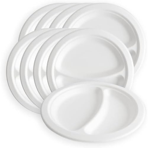 Generico 50/150/2500/500 Piatti piani usa e getta due scomparti da 22.5cm bagassa BIOCOMPOSTABILI canna da zucchero campeggio, picnic, feste, barbecue, compleanni (500 pezzi)
