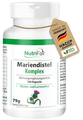 Mariendistel Komplex - 3-fach-Komplex mit Mariendistel, Artischocke & Löwenzahn - Leberfunktion & Fettstoffwechsel - 250 mg Silymarin pro Tag - 100 Kapseln - Hochdosiert - 100% Vegan – NutriFair