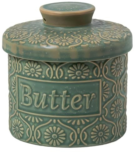 COPORISO Ceramic Butter Crock with Lid, French Butter Dish with Water Line for Countertop, Butter Keeper for Spreadable Butter, Container Holder for Kitchen and Home Decor, 6.7 OZ, Vintage Green