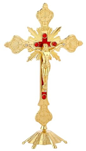HOBBIESAY Crucifijo de aleación de 24,5 cm, crucifijo espiritual cristiano de Jerusalén, estatua de cruz dorada con base para mesa, pared, hogar, iglesia, decoración bautismal