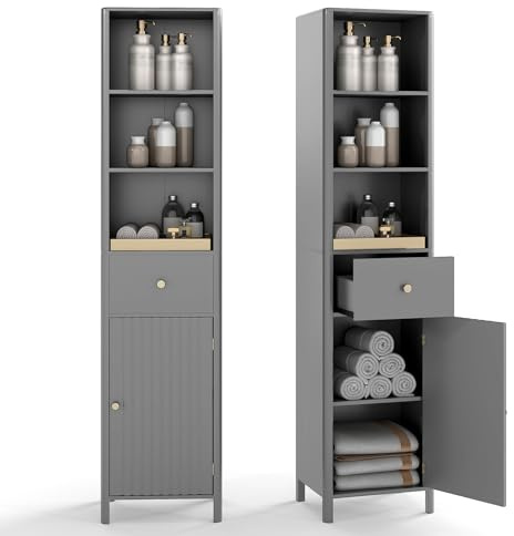COSTWAY Bathroom Tall Cabinet, Freestanding Slim Bathroom Storage Unit with Drawer, Fluted Door and Open/Adjustable Shelves, 170cm High Wooden Narrow Floor Cupboard for Living Room Kitchen (Grey)
