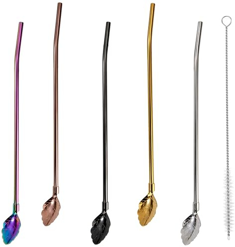 Pajitas De Cuchara De Acero Inoxidable Pajitas Reutilizables 2 en 1 con 1 Cepillos de Limpieza para Batidos Batidos Cócteles y Bebidas 5 Piezas (Hojas)