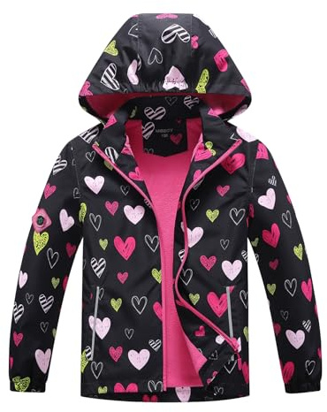 BuyiRen Girls Windbreakers Jacket Rain Jackets Hooded Raincoat Fleece Lined Rain Coats for Kids, Black Hearts, 7-8 Years