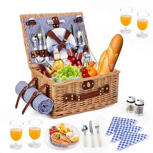Couleeur Cestino da Picnic in Vimini per 4 Persone, Cesto Picnic Vintage, con Scomparto Termico, Coperta Impermeabile, Posate, per Campeggio, Festa all'Aperto, Spiaggia, Blu