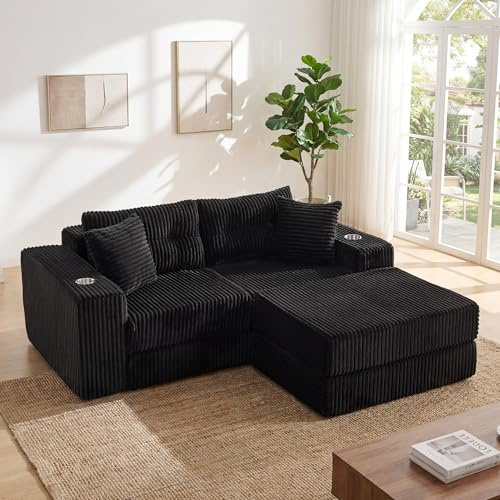 GRAVFORCE Modular Sectional Sofa L Shape Boneless Sofa Couch with Deep Seats Cup Holder Folding Convertible Cloud Sofa Bed for Living Room 204cm Sofa Black
