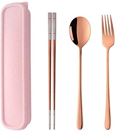 SBOMHS 18/10 Stainless Steel Portable Cutlery Chopsticks Spoon Fork Set with Case for School Home Office Camping Travel Outdoor Rose Gold