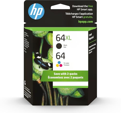 HP 64XL/64 Black High Yield and Tri-Color Standard Yield Ink Cartridges, 2/Pack