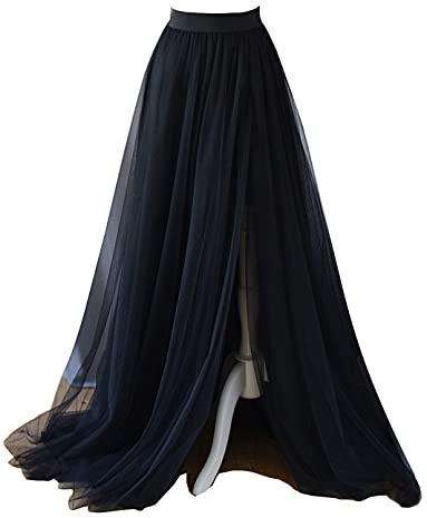 EllieHouse Adult Bride Split Long Maxi Prom Party Evening Tulle Skirt Black L