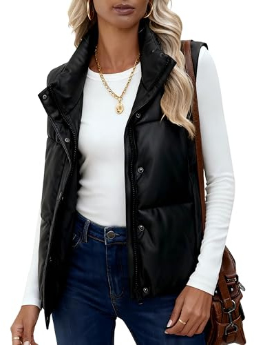 UANEO Womens PU Leather Cropped Puffer Vest Winter Faux Leather Zip Up Sleeveless Jacket (Black, Large)