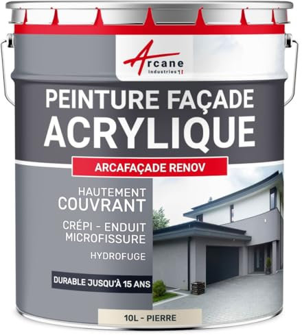 ARCANE INDUSTRIES Peinture Façade - Peinture Hydrofuge Acrylique 14 Couleurs - Dure jusqu'à 15 Ans - 10 L (+ ou - 60 m² en 1 Couche) Pierre - RAL 090 90 10