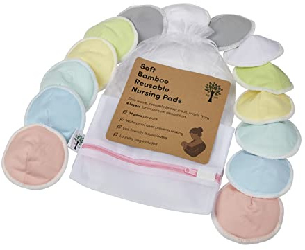 REGN Luxury Reusable Bamboo Breast Pads (14 Pack) With Wash Bag & Storage Bag | Super Absorbent 4 Layers | Organic Bamboo Nursing Breast Pads For All Skin Types | Zero Waste (Large 4.8)