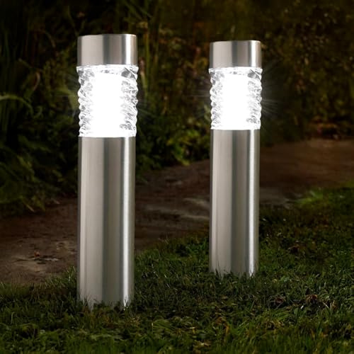 Garden Mile Set of 2 Wave Bollard Solar Garden Lights 10 Lumen Outdoor Lighting Stainless Steel Solar Stake Lights for Driveway Pathway Lighting Ideal for Flowerbeds Borders Patio Lawn