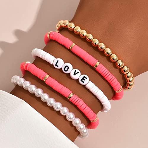 Bufenia Färgglatt pärlarmband set Heishi-armband boho stretcharmband handgjort surfararmband handsmycken för kvinnor och flickor (rosenröd)